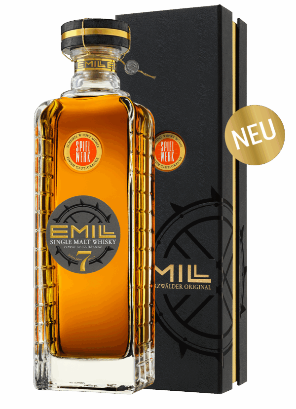 Flasche EMILL Single Malt Whisky mit goldener Flüssigkeit und schwarzer Verpackung.
